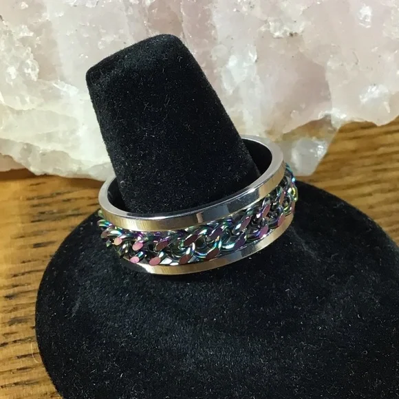 Silver Stainless Steel Rainbow Fidget Chain Band Ring - Picture 2 of 5